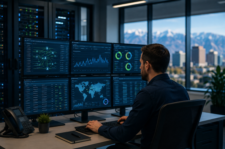 Network Monitoring Man looking at six screens